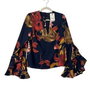Nwt C/meo Collective Revolve botanical Pleated Bell Sleeve Top Blouse size Small